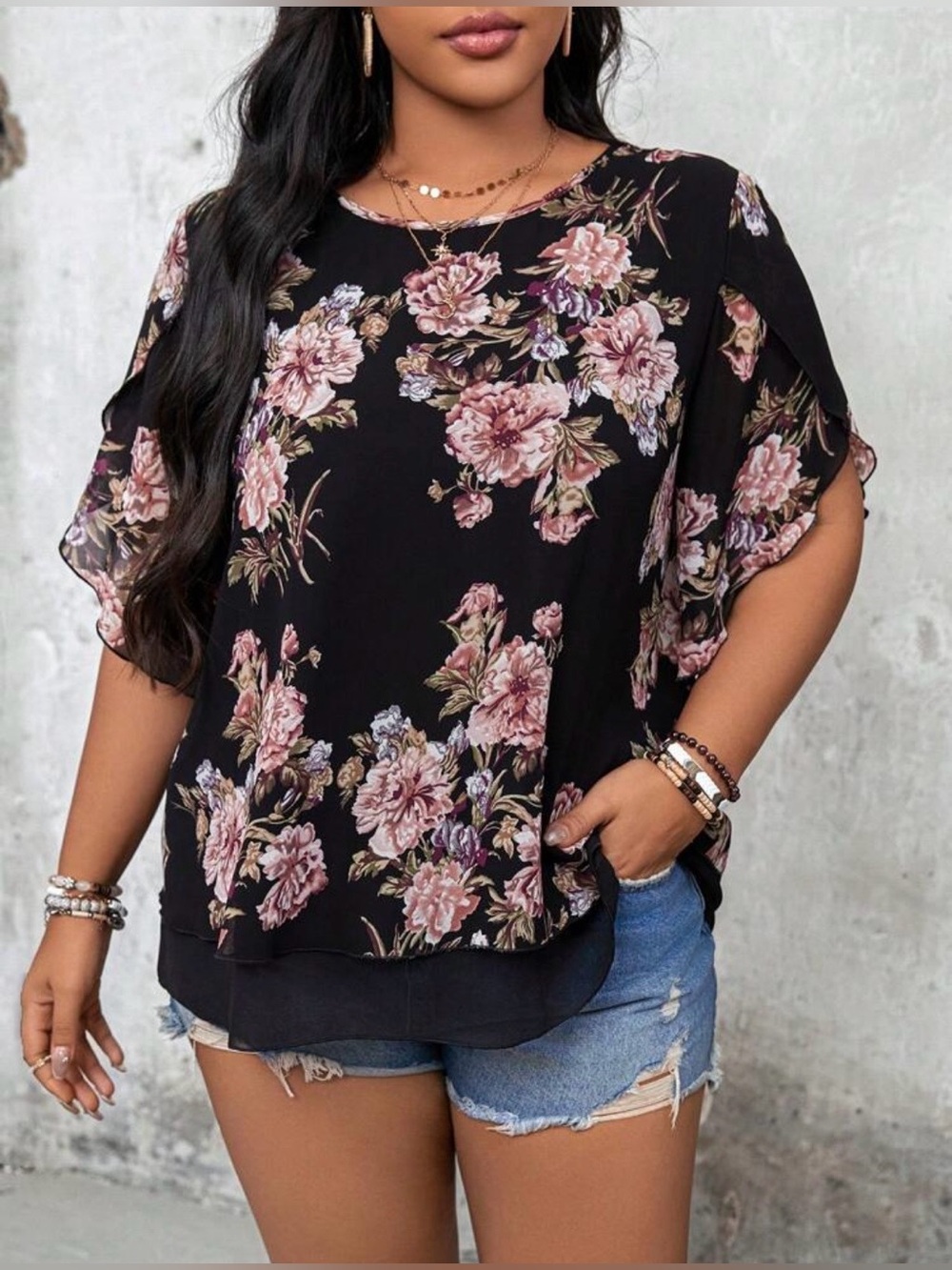 SHEIN Black Floral Chiffon Layered Short Sleeve Blouse
